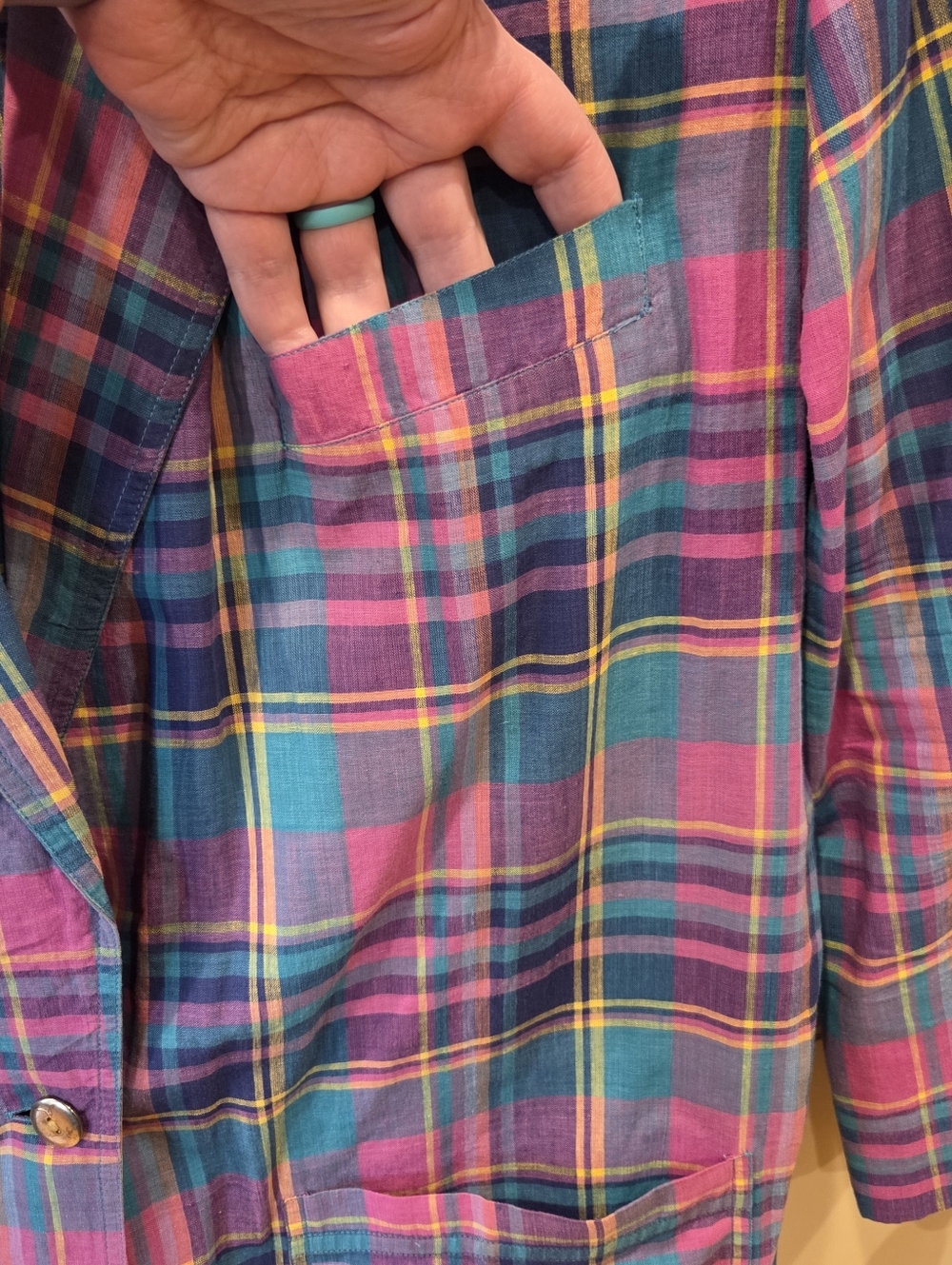 VTG Cathy Daniels Plaid Blazer Large Cotton 80s 90s Multi Color Madras Jacket - Picture 3 of 14